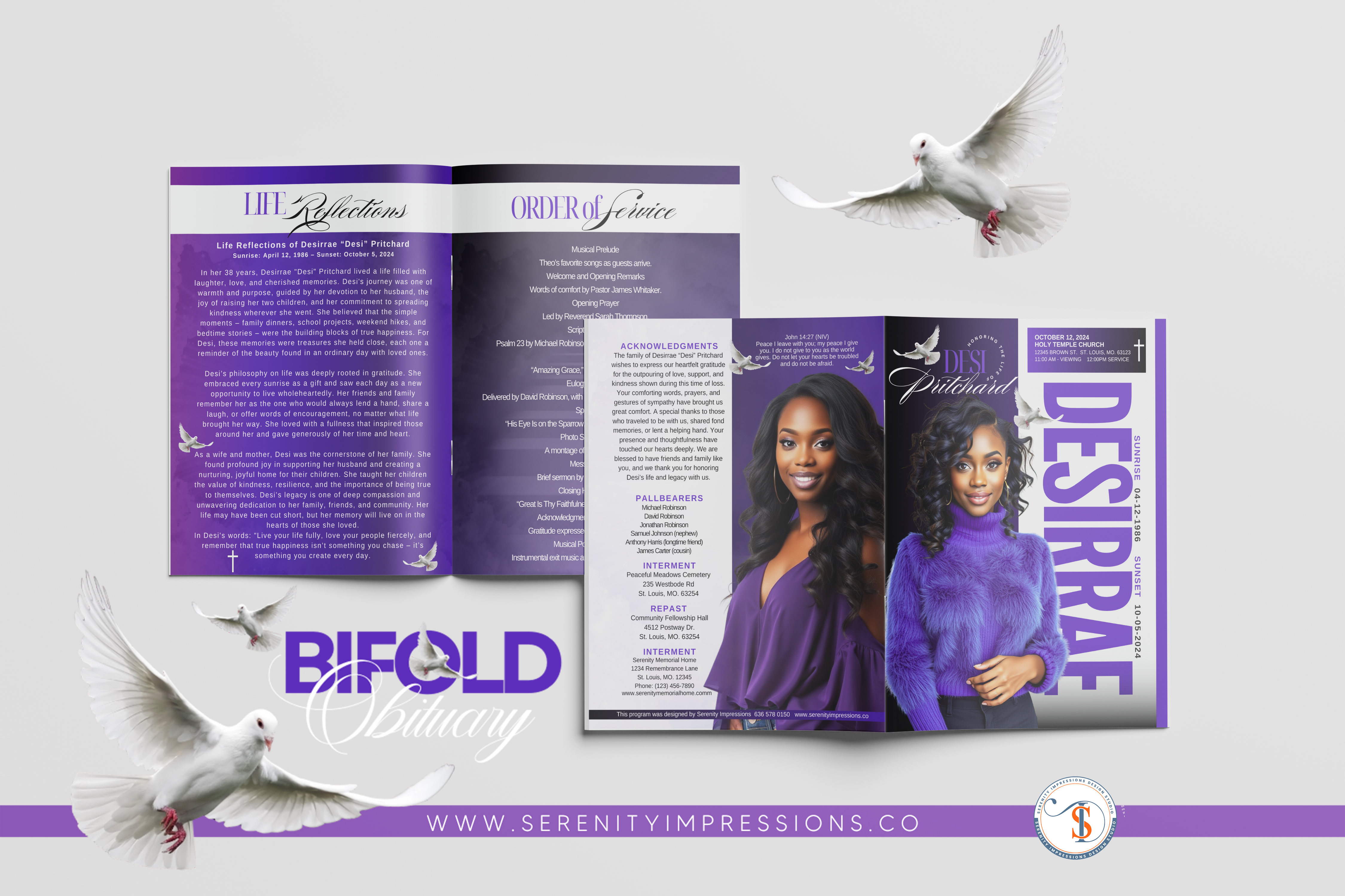 Standard 4 Page Bifold Obituary (Design & Print) - Serenity Impressions Design Studio LLC