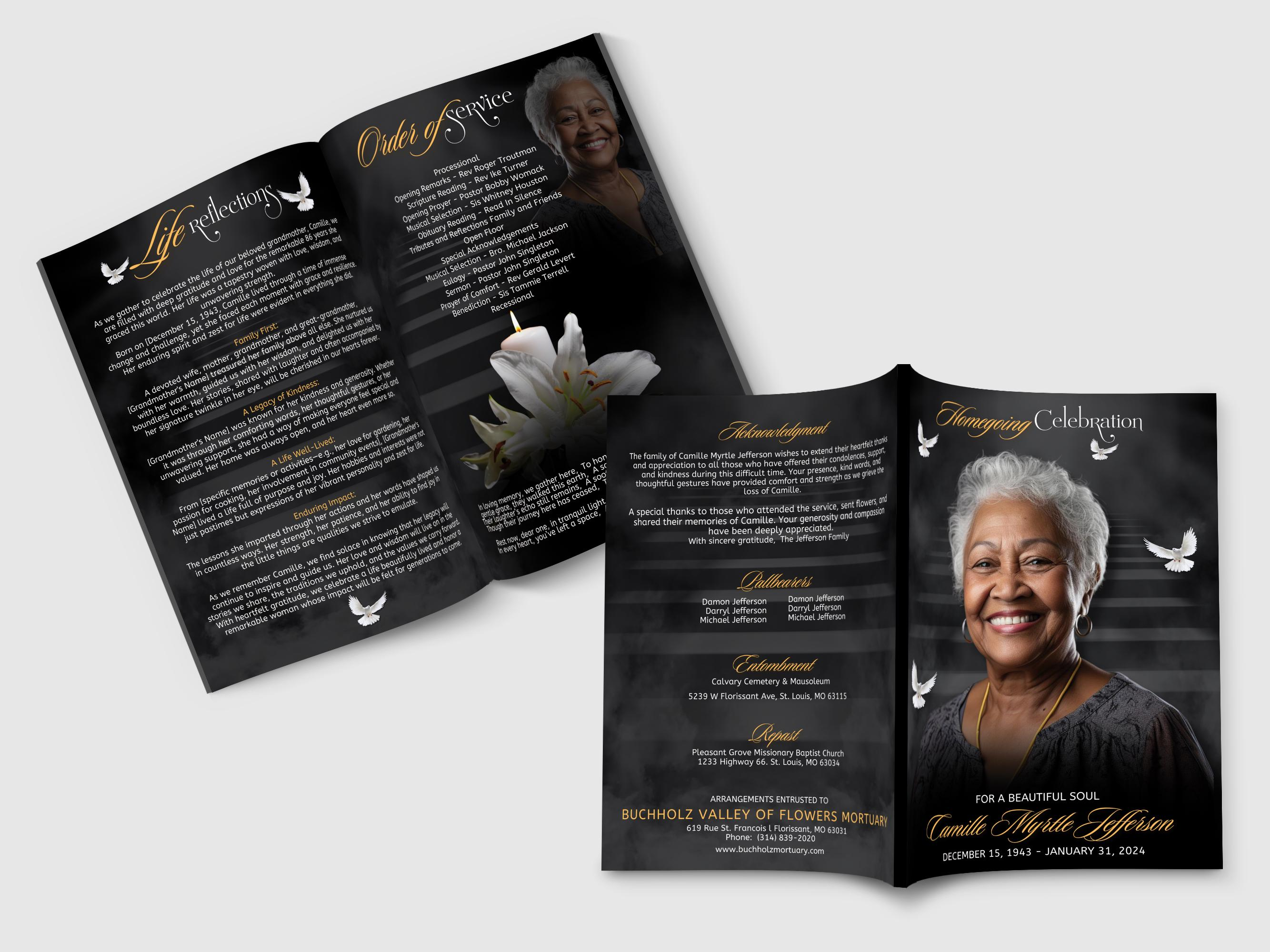 DIY Canva Funeral Programs, 4 page  Female Obituary Design